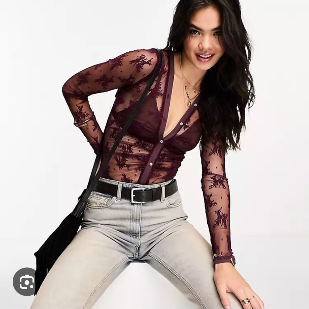 Brown Free People Lace Layering Bodysuit